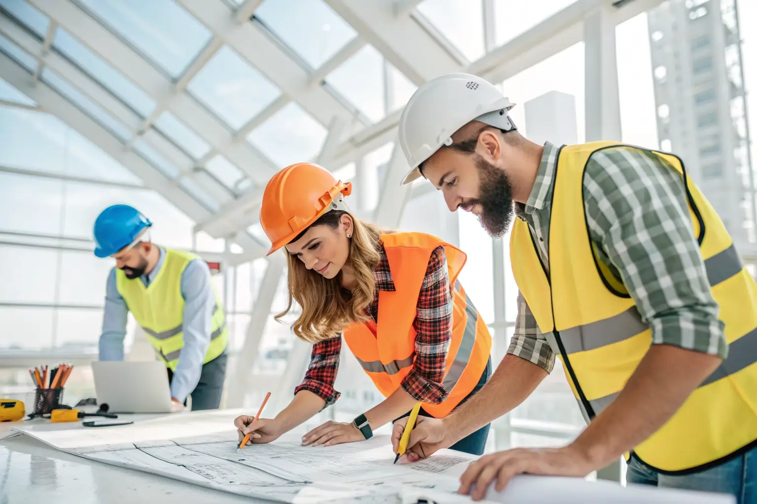 A professional construction team or architectural workspace, clean and high-quality.